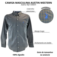 Camisa Masculina Austin Western Manga Longa Xadrez Mini Verde Musgo Azul/Cinza Logo Azul Royal Ref:13406