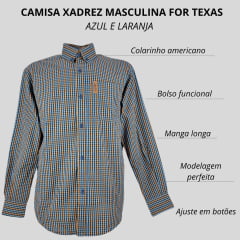 Camisa Masculina For Texas Manga Longa Xadrez Azul Claro E Laranja Premium