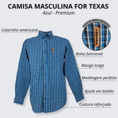 Camisa Masculina For Texas Xadrez Azul Manga Longa  - Ref. Premium