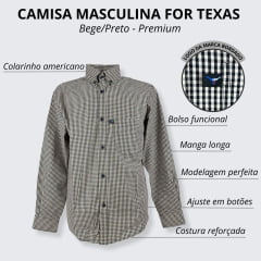 Camisa Masculina For Texas Xadrez Bege e Preto Manga Longa  - Ref. Premium