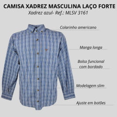 Camisa Masculina Laço Forte Manga Longa Slim Xadrez Azul/ Branco E Preto C/ Bolso E Logo Bordado Marrom Ref: MLSX 3161