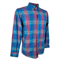 Camisa Masculina Laço Forte Manga Longa Slim Xadrez Azul/ Vermelho/ Verde C/ Bolso Ref: MLSX 3161