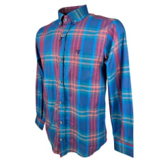 Camisa Masculina Laço Forte Manga Longa Slim Xadrez Azul/ Vermelho/ Verde C/ Bolso Ref: MLSX 3161