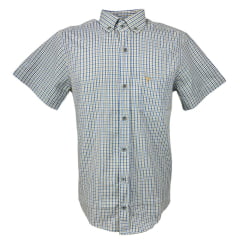 Camisa Masculina Laço Forte Manga Curta Slim Xadrez Azul/Caqui C/ Bolso E Logo Bordado Bege Ref: MCSX 9205