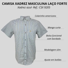 Camisa Masculina Laço Forte Manga Curta Slim Xadrez Azul/Caqui C/ Bolso E Logo Bordado Bege Ref: MCSX 9205