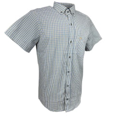 Camisa Masculina Laço Forte Manga Curta Slim Xadrez Azul/Caqui C/ Bolso E Logo Bordado Bege Ref: MCSX 9205