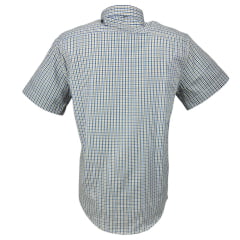 Camisa Masculina Laço Forte Manga Curta Slim Xadrez Azul/Caqui C/ Bolso E Logo Bordado Bege Ref: MCSX 9205