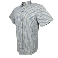 Camisa Masculina Laço Forte Manga Curta Slim Xadrez Azul/Caqui C/ Bolso E Logo Bordado Bege Ref: MCSX 9205