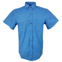 Camisa Masculina Laço Forte Manga Curta Slim Xadrez Azul Claro Royal C/ Bolso E Logo Azul Ref:CSX 9205