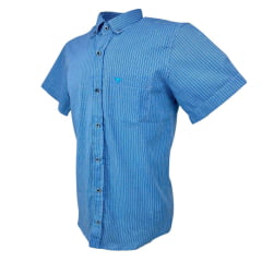 Camisa Masculina Laço Forte Manga Curta Slim Xadrez Azul Claro Royal C/ Bolso E Logo Azul Ref:CSX 9205