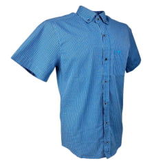 Camisa Masculina Laço Forte Manga Curta Slim Xadrez Azul Claro Royal C/ Bolso E Logo Azul Ref:CSX 9205