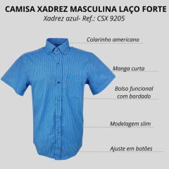 Camisa Masculina Laço Forte Manga Curta Slim Xadrez Azul Claro Royal C/ Bolso E Logo Azul Ref:CSX 9205