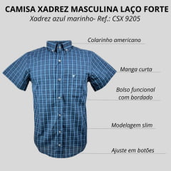 Camisa Masculina Laço Forte Manga Curta Slim Xadrez Azul Marinho C/ Bolso E Bordado Logo Azul Claro Ref: MCSX9205