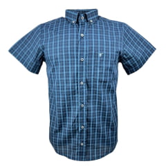 Camisa Masculina Laço Forte Manga Curta Slim Xadrez Azul Marinho C/ Bolso E Bordado Logo Azul Claro Ref: MCSX9205