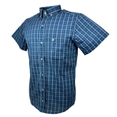 Camisa Masculina Laço Forte Manga Curta Slim Xadrez Azul Marinho C/ Bolso E Bordado Logo Azul Claro Ref: MCSX9205