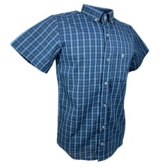 Camisa Masculina Laço Forte Manga Curta Slim Xadrez Azul Marinho C/ Bolso E Bordado Logo Azul Claro Ref: MCSX9205