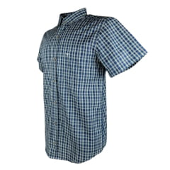 Camisa Masculina Laço Forte Manga Curta Slim Xadrez Azul/Verde Claro/Branco Bolso Bordado Logo Cinza REF: M.C.S.X.9205