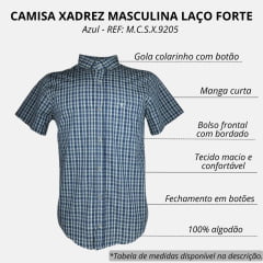 Camisa Masculina Laço Forte Manga Curta Slim Xadrez Azul/Verde Claro/Branco Bolso Bordado Logo Cinza REF: M.C.S.X.9205