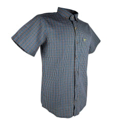 Camisa Masculina Laço Forte Manga Curta Slim Xadrez Azul/Verde/ Laranja Com Bolso Bordado Logo Laranja REF: M.C.S.X.9205