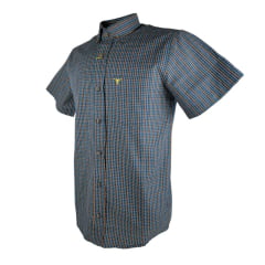 Camisa Masculina Laço Forte Manga Curta Slim Xadrez Azul/Verde/ Laranja Com Bolso Bordado Logo Laranja REF: M.C.S.X.9205