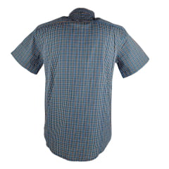 Camisa Masculina Laço Forte Manga Curta Slim Xadrez Azul/Verde/ Laranja Com Bolso Bordado Logo Laranja REF: M.C.S.X.9205