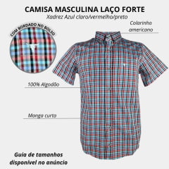 Camisa Masculina Laço Forte Manga Curta Xadrez Azul Claro/Vermelho/Preto Com Azul Claro Ref:M.C.S.X.9205