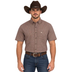 Camisa Masculina Laço Forte Manga Curta Xadrez Laranja Logo Bege Ref:92051 Camisa Masculina Laço Forte Manga Curta Xadrez Laranja Logo Bege Ref:92051