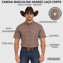 Camisa Masculina Laço Forte Manga Curta Xadrez Laranja Logo Bege Ref:92051