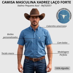 Camisa Masculina Laço Forte Manga Curta Xadrez Pequeno Azul Logo Bordado Cinza Ref:92051