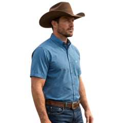 Camisa Masculina Laço Forte Manga Curta Xadrez Pequeno Azul Logo Bordado Cinza Ref:92051