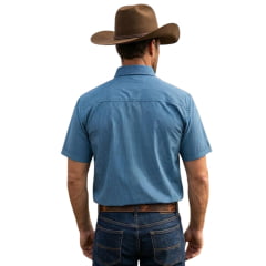 Camisa Masculina Laço Forte Manga Curta Xadrez Pequeno Azul Logo Bordado Cinza Ref:92051