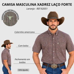 Camisa Masculina Laço Forte Manga Curta Xadrez Pequeno Laranja Logo Bege REF:92051