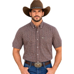 Camisa Masculina Laço Forte Manga Curta Xadrez Pequeno Laranja Logo Bege REF:92051 Camisa Masculina Laço Forte Manga Curta Xadrez Pequeno Laranja Logo Bege REF:92051