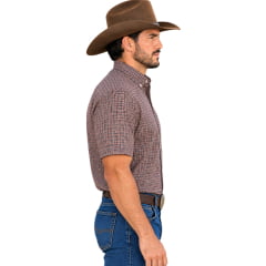 Camisa Masculina Laço Forte Manga Curta Xadrez Pequeno Laranja Logo Bege REF:92051