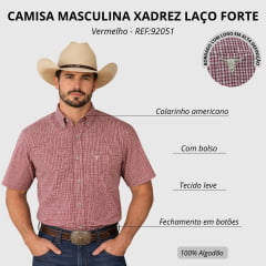 Camisa Masculina Laço Forte Manga Curta Xadrez Pequeno Vermelho Logo Bege REF:92051