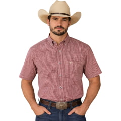 Camisa Masculina Laço Forte Manga Curta Xadrez Pequeno Vermelho Logo Bege REF:92051 Camisa Masculina Laço Forte Manga Curta Xadrez Pequeno Vermelho Logo Bege REF:92051
