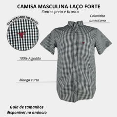 Camisa Masculina Laço Forte Manga Curta Xadrez Preto/Branco Com  Logo Bordô Ref:M.C.S.X.9205