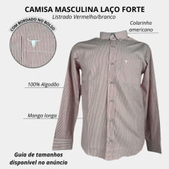 Camisa Masculina Laço Forte Manga Longa Listrada Vermelho/Branco Com Logo Branco Ref:M.L.S.X 2025