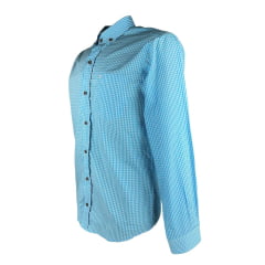 Camisa Masculina Laço Forte Manga Longa Slim Xadrez Azul Claro Com Bolso Bordado Logo Branco REF: M.L.S.X.3161