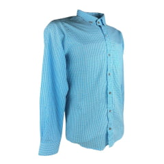 Camisa Masculina Laço Forte Manga Longa Slim Xadrez Azul Claro Com Bolso Bordado Logo Branco REF: M.L.S.X.3161