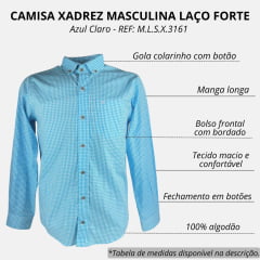 Camisa Masculina Laço Forte Manga Longa Slim Xadrez Azul Claro Com Bolso Bordado Logo Branco REF: M.L.S.X.3161