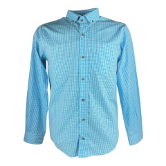 Camisa Masculina Laço Forte Manga Longa Slim Xadrez Azul Claro Com Bolso Bordado Logo Branco REF: M.L.S.X.3161