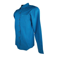 Camisa Masculina Laço Forte Manga Longa Slim Xadrez Azul Marinho E Royal Com Bolso Bordado Logo Azul REF: M.L.S.X.3161