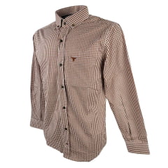 Camisa Masculina Laço Forte Manga Longa Slim Xadrez Marrom E Bege Com Logo Bordada Em Marrom REF: M.L.S.X3161