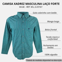 Camisa Masculina Laço Forte Manga Longa Slim Xadrez Verde/Preto/Branco Com Logo Bordada Em Azul Escuro REF: M.L.S.X3161