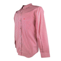 Camisa Masculina Laço Forte Manga Longa Slim Xadrez Vermelho e Branco Com Bolso Bordado Logo Vermelho REF: M.L.S.X.3161