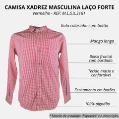 Camisa Masculina Laço Forte Manga Longa Slim Xadrez Vermelho e Branco Com Bolso Bordado Logo Vermelho REF: M.L.S.X.3161