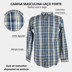 Camisa Masculina Laço Forte Manga Longa Xadrez Azul/Bege Manga Longa Slim Logo Azul Ref:M.L.S.X.3161