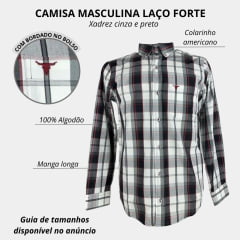 Camisa Masculina Laço Forte Manga Longa Xadrez Cinza/Preta/Bordô Manga Longa Slim Logo Bordô Ref:M.L.S.X.3161