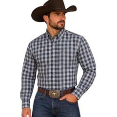 Camisa Masculina Laço Forte Manga Longa Xadrez Grande Azul Escuro E Marrom Logo Marrom REF:317010 Camisa Masculina Laço Forte Manga Longa Xadrez Grande Azul Escuro E Marrom Logo Marrom REF:317010